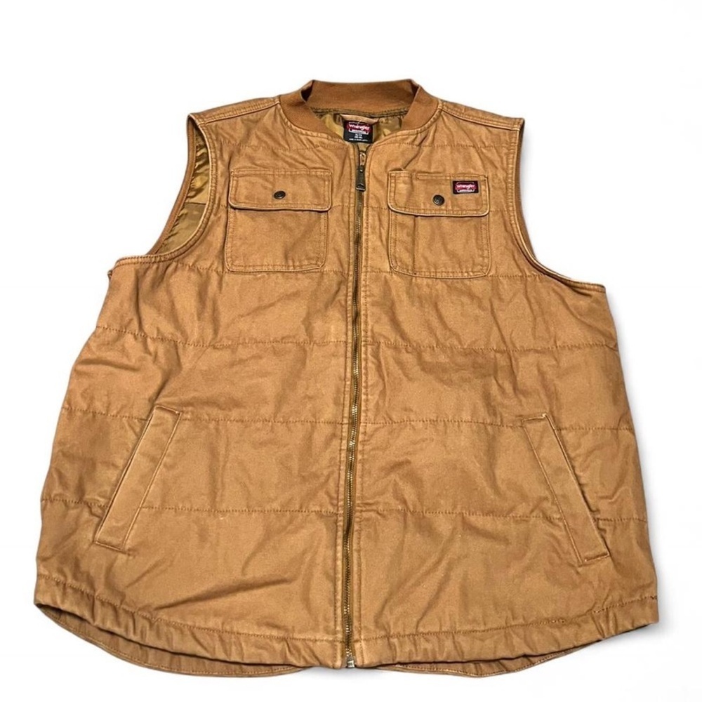 Wrangler Workwear Men's XL Tan Brown Quilted Vest Outdoor Full Zip Pockets